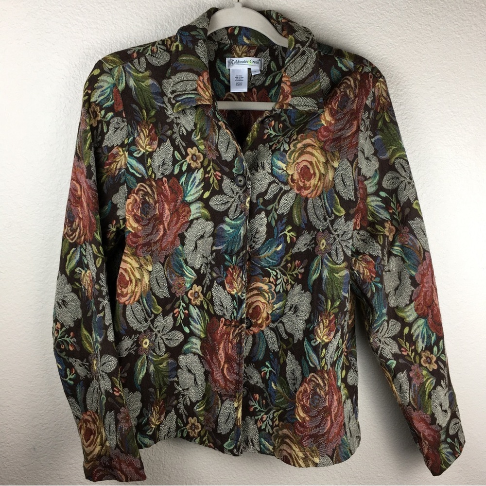 Coldwater Creek Women Jacket Tapestry Floral Brown Gold Lightweight Women Size L